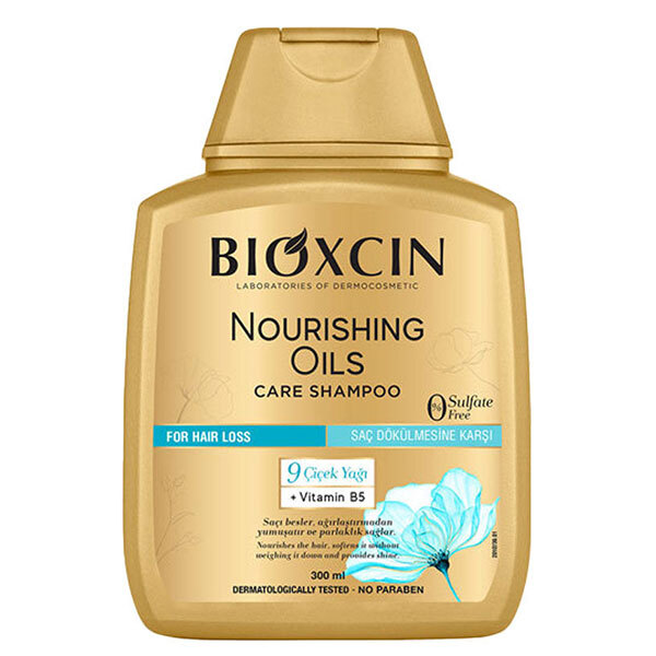 بیوکسین شامپو طلایی ضد ریزش فری سولفات – حاوی روغن ۹ گیاه و ویتامین B5 – حجم 300 میل | Bioxcin Nourishing Oils | Bluebel