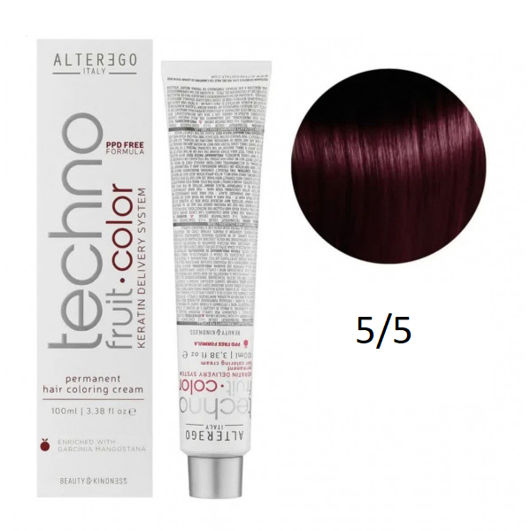 رنگ مو آلترگو تکنو 5.5 ماهگونی Alter Ego Techno Hair Color 5.5 Mahogany – Made in Italy رنگ قهوه‌ای ماهگونی غلیظ، پوشش ک