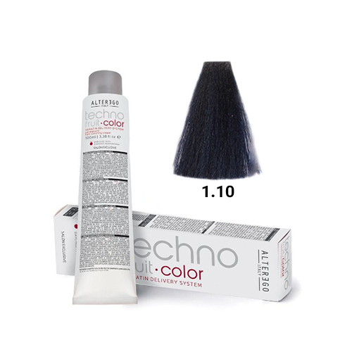 رنگ مو تکنو 1.10 پرکلاغی (Techno Hair Color 1.10 Black Blue – Made in Italy) | رنگ مشکی آبی عمیق، پوشش کامل، فرمول حرفه‌